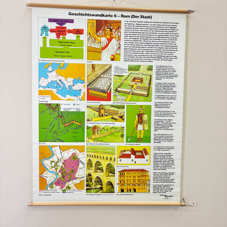Vintage school wall map – Rome, the State – history teaching chart, roll-up, used