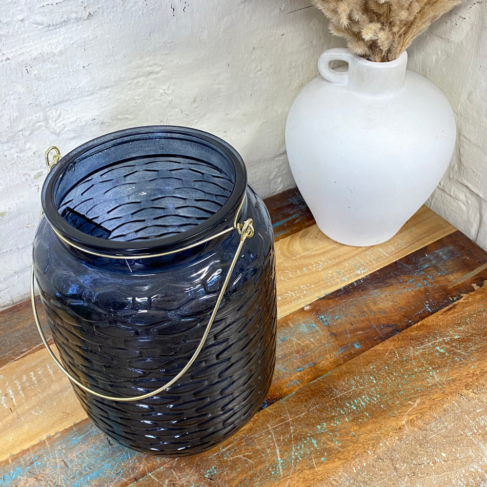 Windlicht dunkelblau Metall Glas 18x25cm