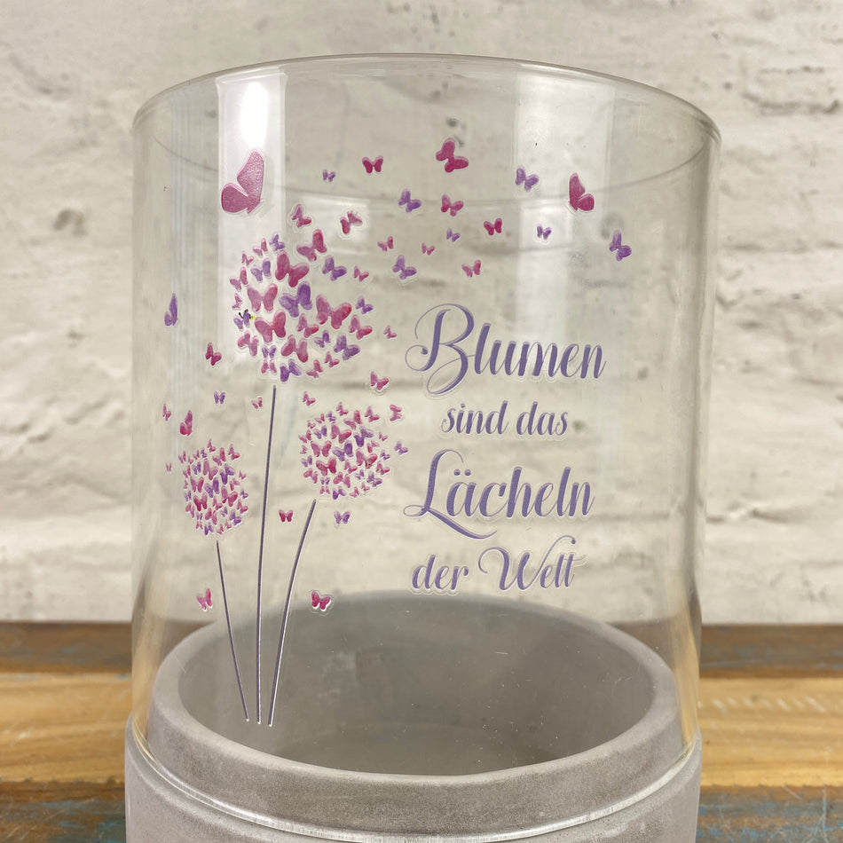 Windlicht pink grau Glas Zement Pustblume Blumen sind das Lächeln der Welt Deko