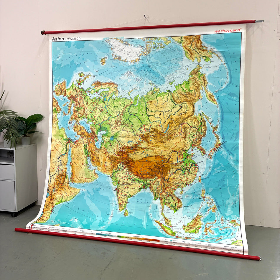 Vintage Schulkarte – Asien Physisch – Geografie Lehrtafel Rollbild Wanddeko