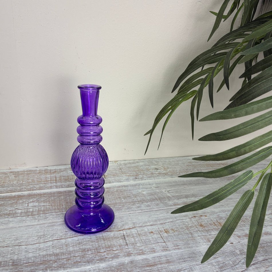Vase Lila Glas Geriffelt Deko Kerzenhalter Retro 23cm