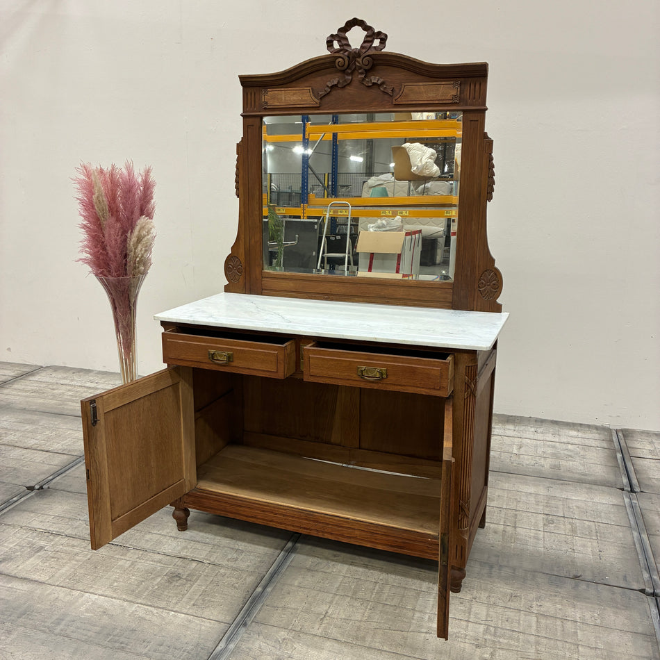 Antique half-height sideboard with mirror, oak dresser, marble top, early 20th century, vintage