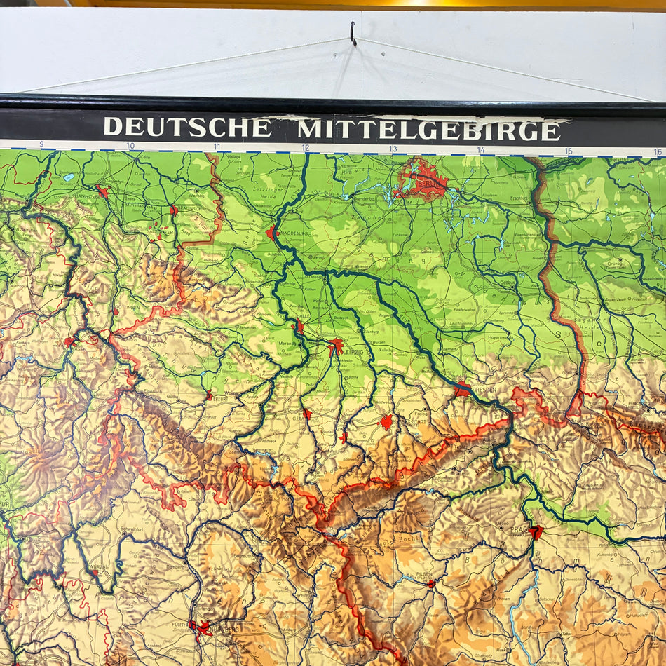 Vintage School Map – German Central Uplands – Geography Educational Chart Haack Painke Roll Chart Used