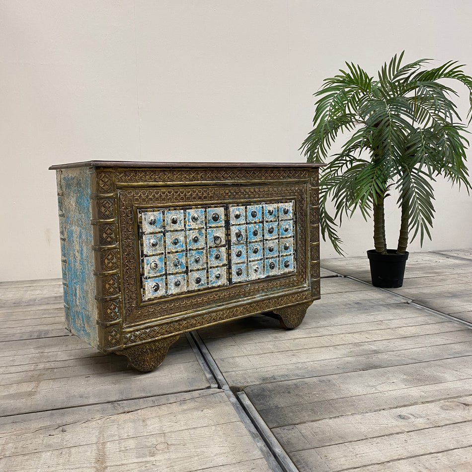 Damchiya Truhe blau Holz Dowry Messing Schrank Gebraucht