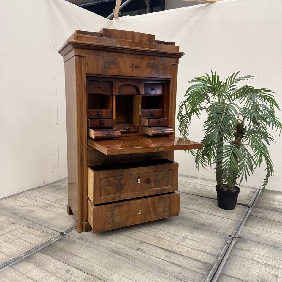 Biedermeier Mahogany Writing Bureau with Gallery and Drop-Front, circa 1830–1840, Vintage