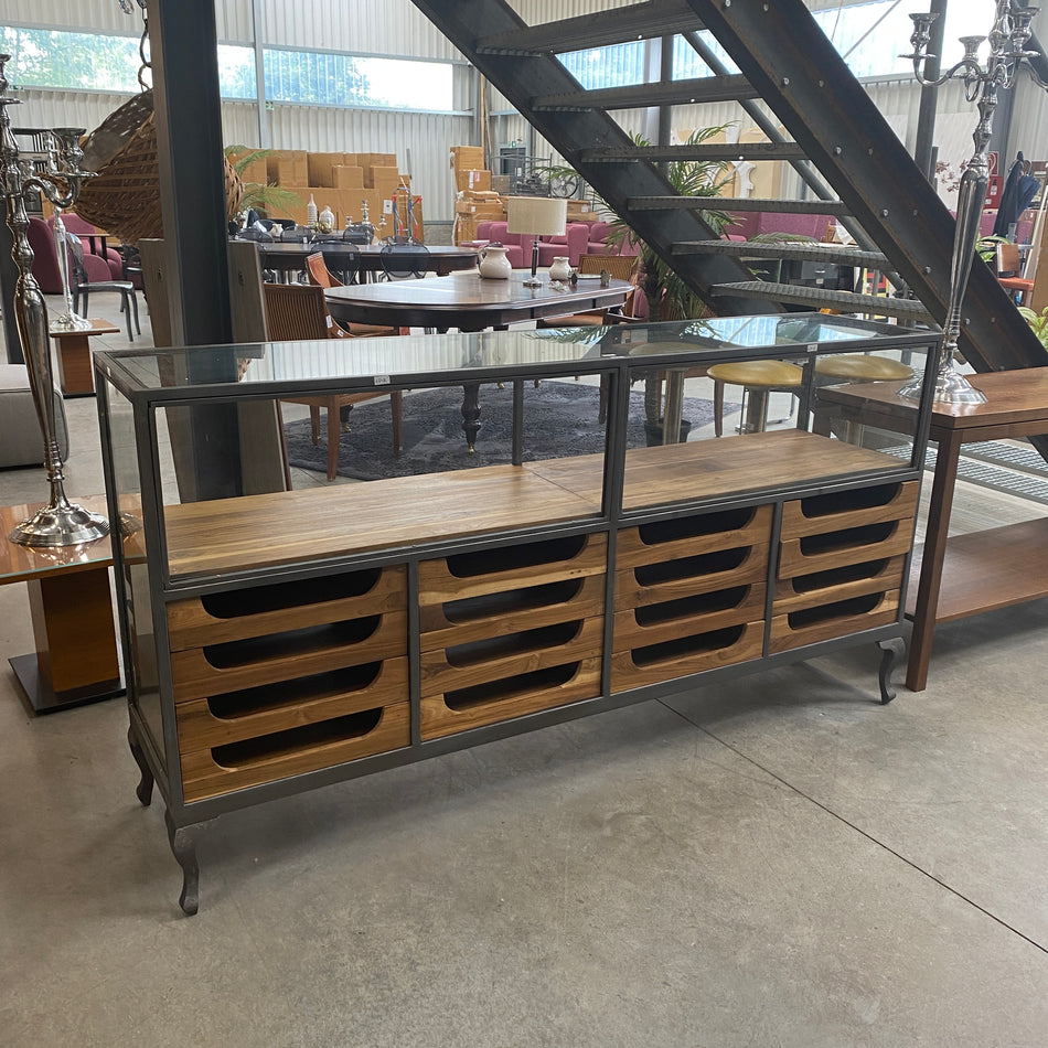 Kommode grau Akazie Massivholz Metall Industrial Stil Schubladen Vitrine