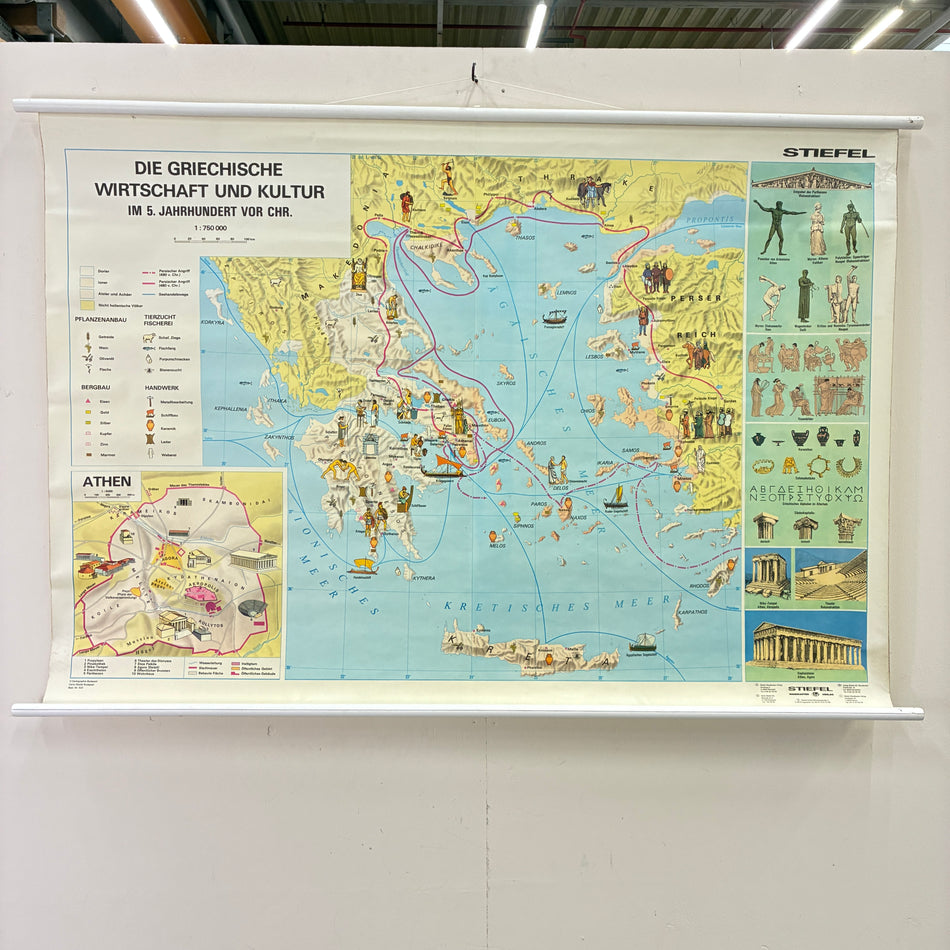 Vintage School Poster – Greek Economy & Culture – History Geography Educational Chart Boot Roll-up Used