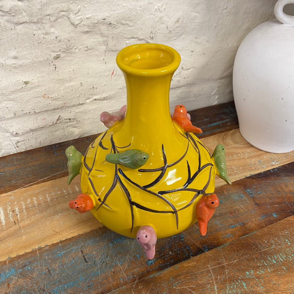 Vase gelb bunt Keramik Vogel Blumenvase 20cm