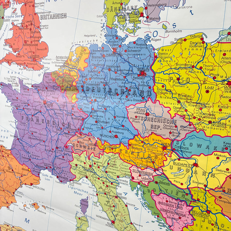 Vintage School Map – The Nations of Europe – Political Geography Educational Chart with Velcro, Perthes Roll Map, Used