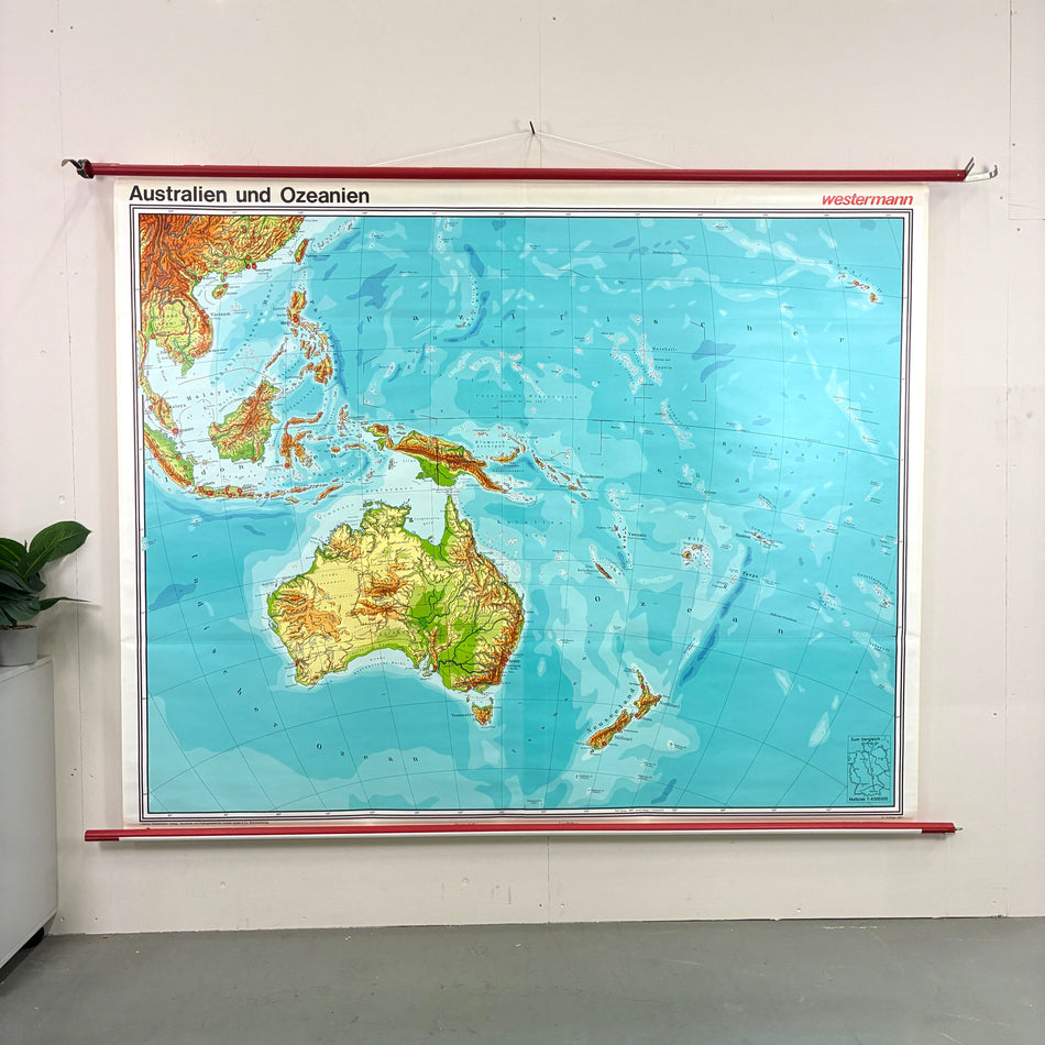 Vintage Schulkarte – Australien und Ozeanien – Westermann Geografie Lehrtafel Rollbild Wanddeko