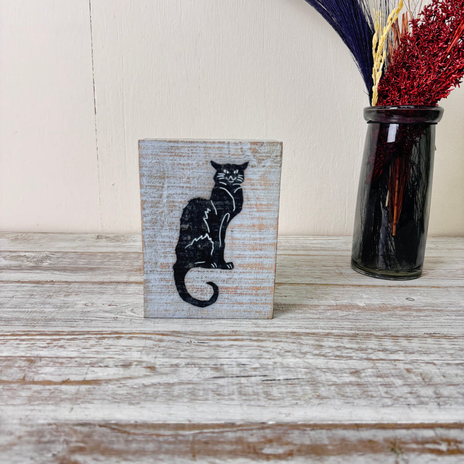 Holzblock 15cm Holz Katze Weiß Schwarz Vintage Shabby Deko