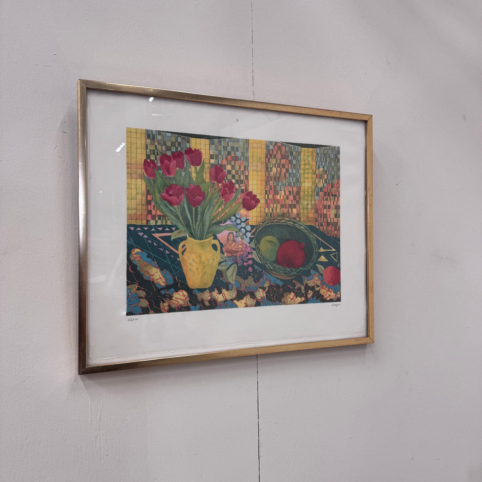 Kunstwerk Stilleben Blumenvase Obstschale Wandbild Deko Vintage