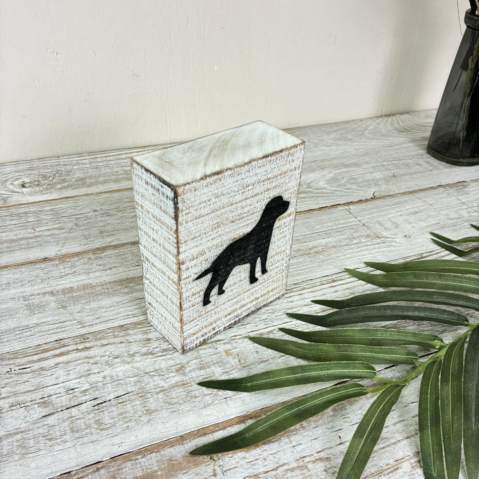 Dekorativer Block 15cm Holz Hund Weiß Schwarz Deko Holzblock
