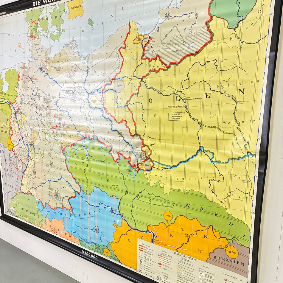 Vintage School Map – The Weimar Republic – History Geography Teaching Chart Justus Perthes Roll Map Used