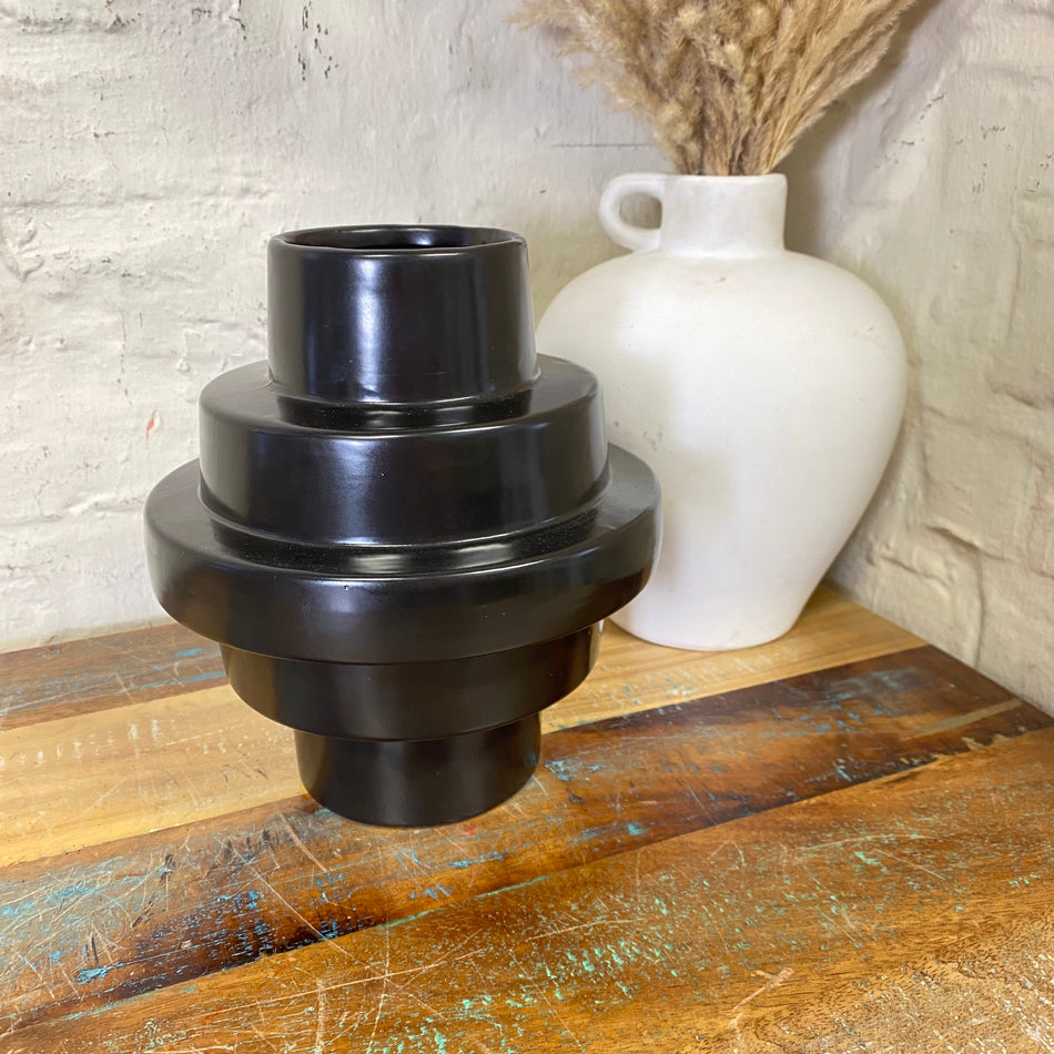 Vase gestuft schwarz Keramik 20cm Blumenvase