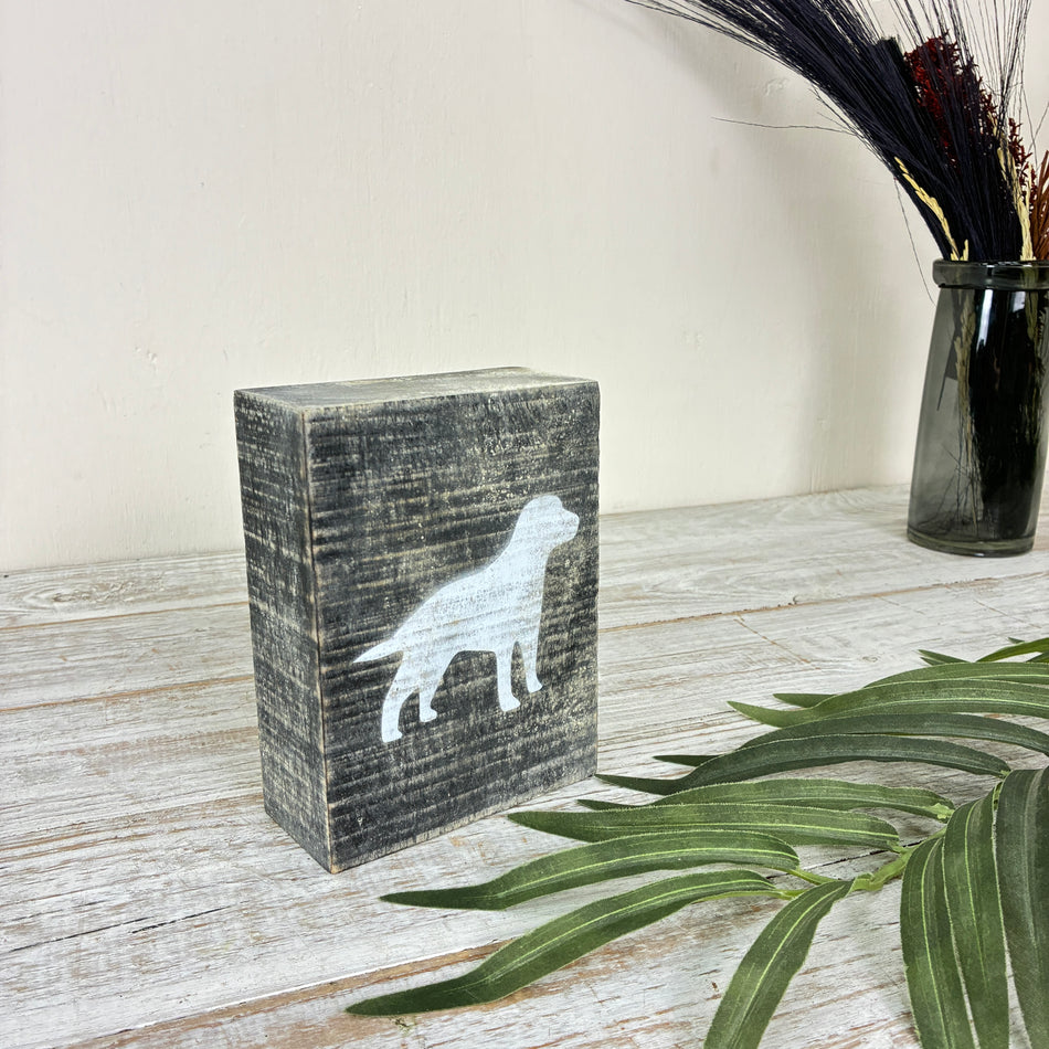Dekorativer Block 15cm Holz Hund Schwarz Weiß Deko Holzblock