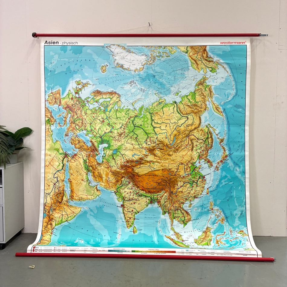 Vintage Schulkarte – Asien Physisch – Geografie Lehrtafel Rollbild Wanddeko