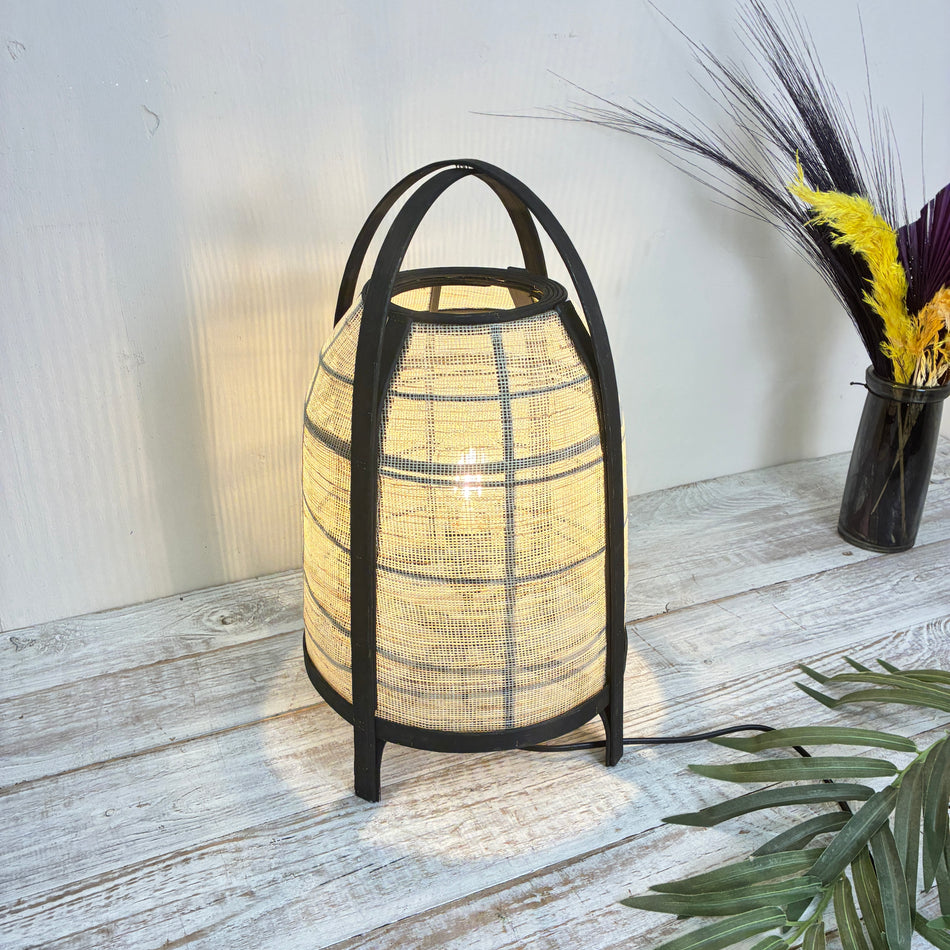 KidsDepot Tischlampe Beige Schwarz Boho Bambus Rattan Jute Natur