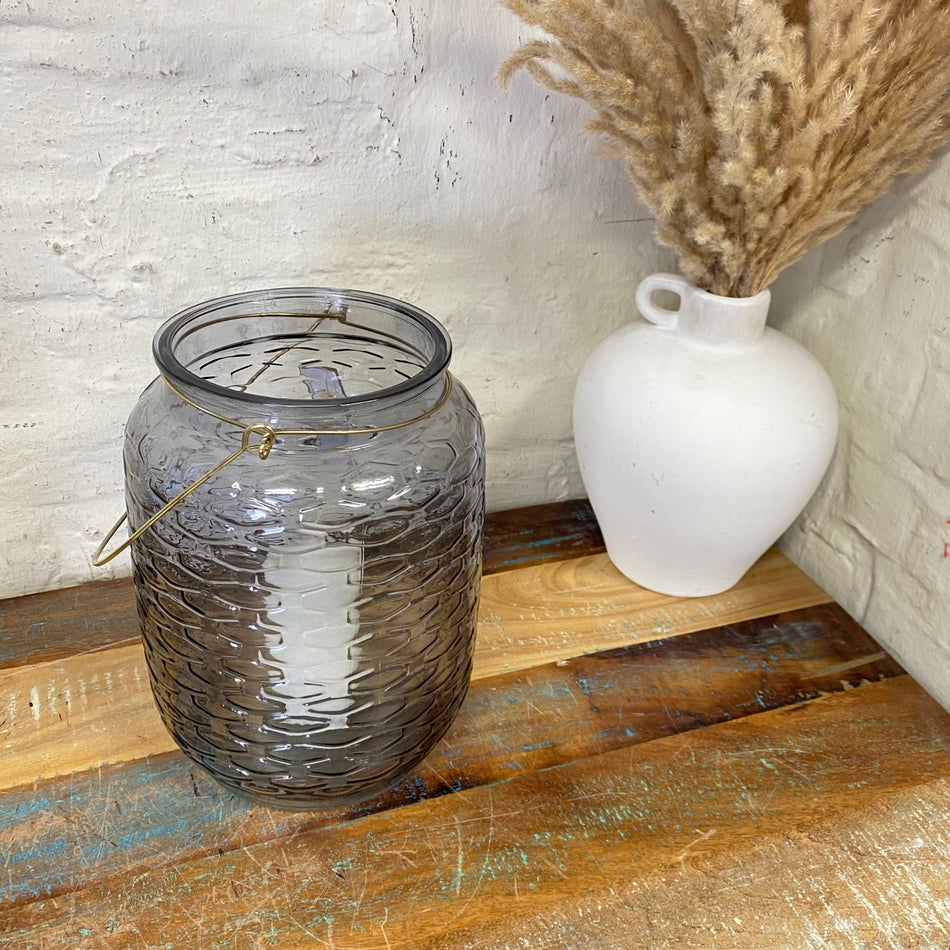 Windlicht grau Metall Glas 18x25cm