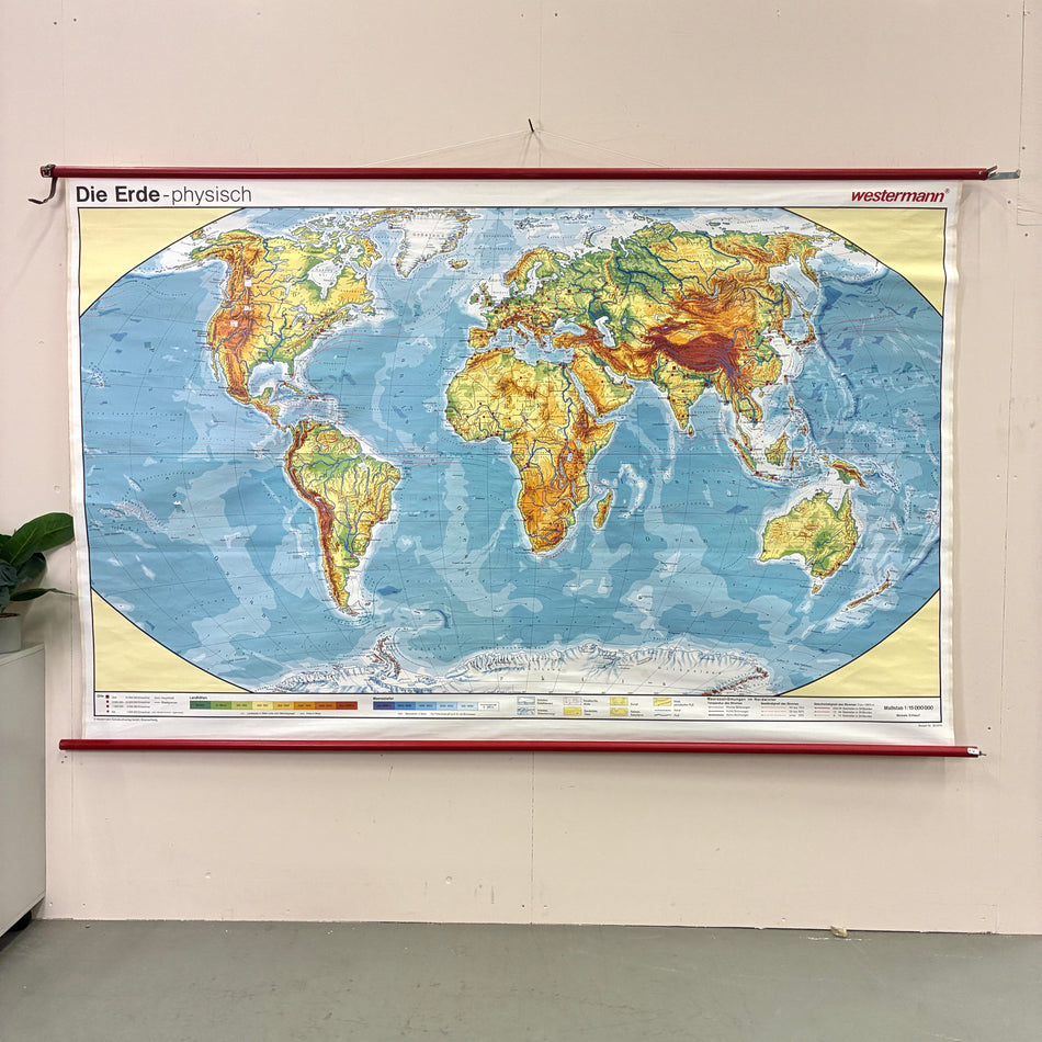 Vintage Schulkarte – Erde physisch – Westermann Geografie Lehrtafel Rollbild Wanddeko