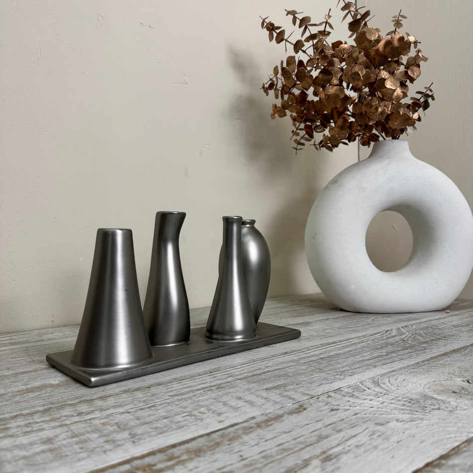 Mehrfach-Vase 4 Öffnungen Röhrenvase Tischdeko Metall Silber Vase Gebraucht