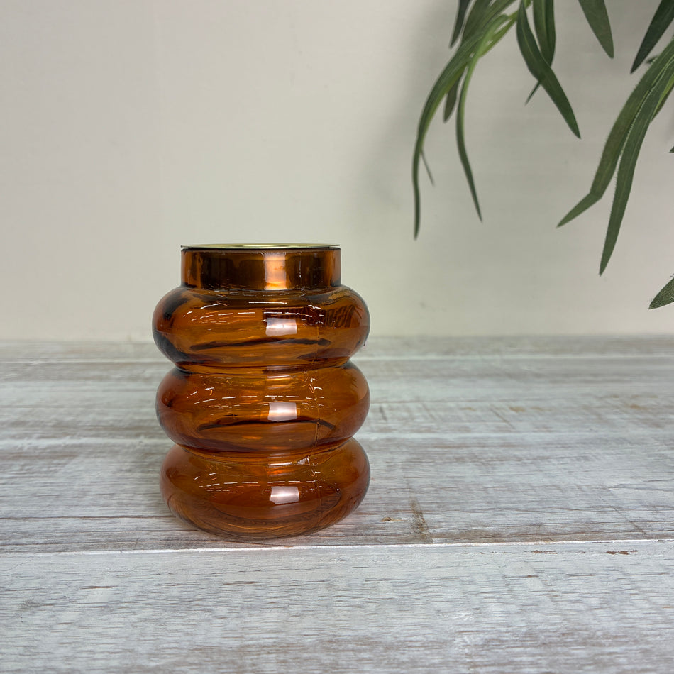Design Windlicht Glas Teelichthalter Rauchglas Orange Gold Welle