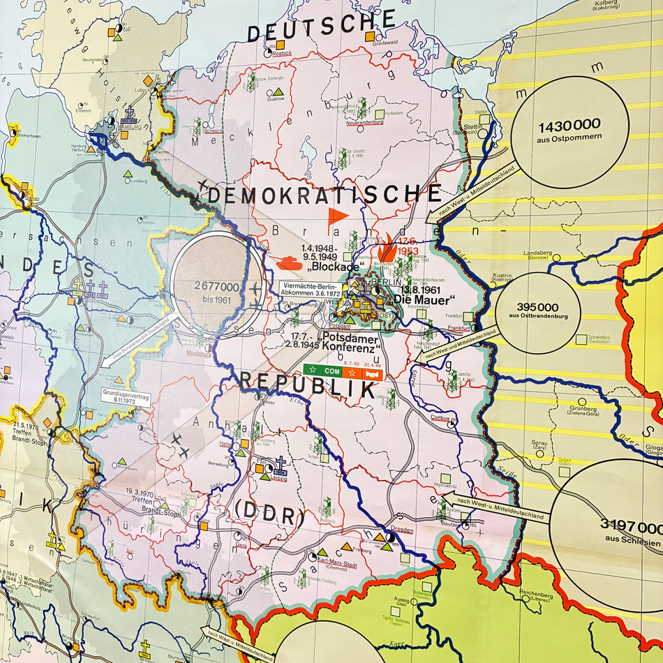 Vintage School Map – Germany After World War II – History Geography Teaching Chart Justus Perthes Roll Map Used