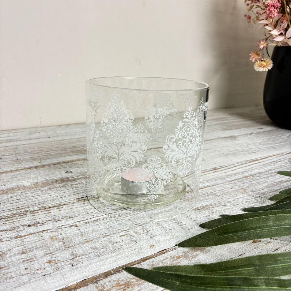 Windlicht Teelichthalter 2-Teilig Glas Muster Weiß Deko
