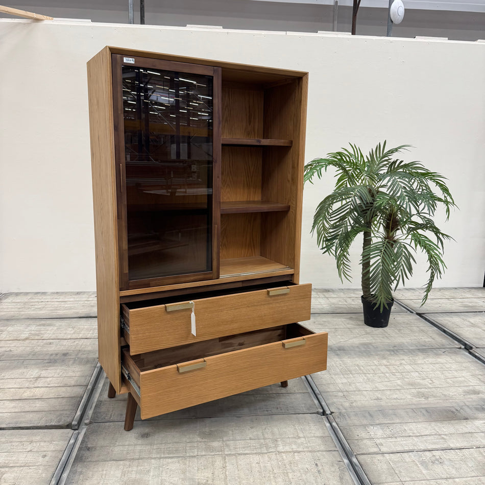 Chervil Vitrine Eiche Massivholz Glasschiebetüren Highboard Retro Mid-Century