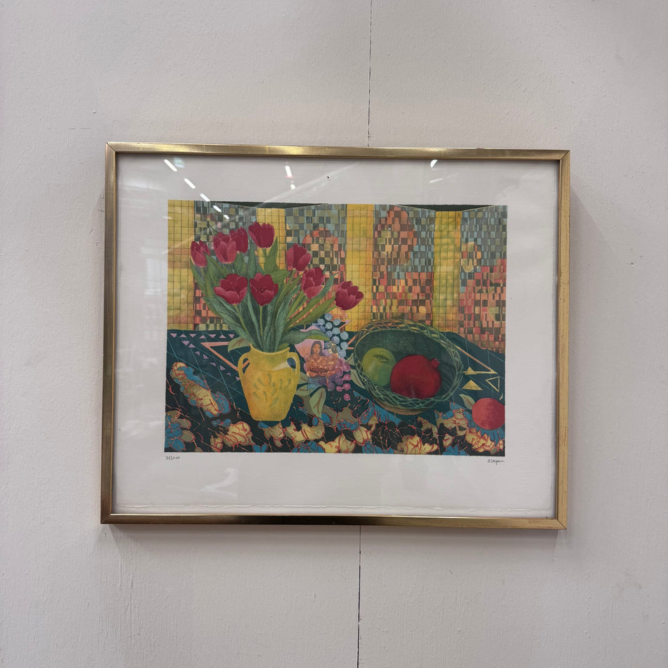 Kunstwerk Stilleben Blumenvase Obstschale Wandbild Deko Vintage