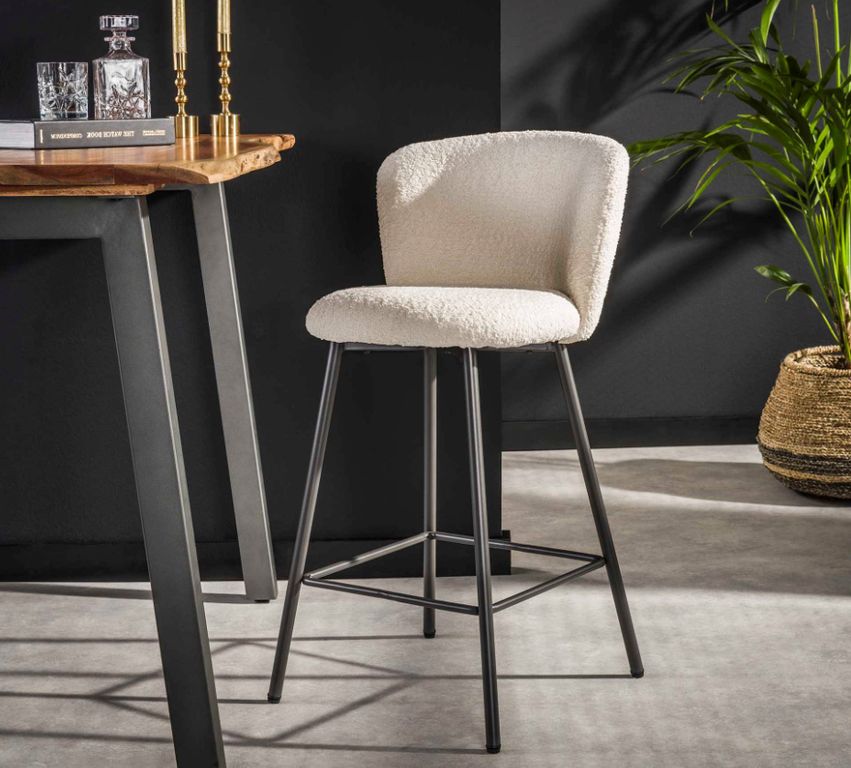 Esszimmer Barhocker Hochstuhl Boucle Weiß / Schwarz Stuhl