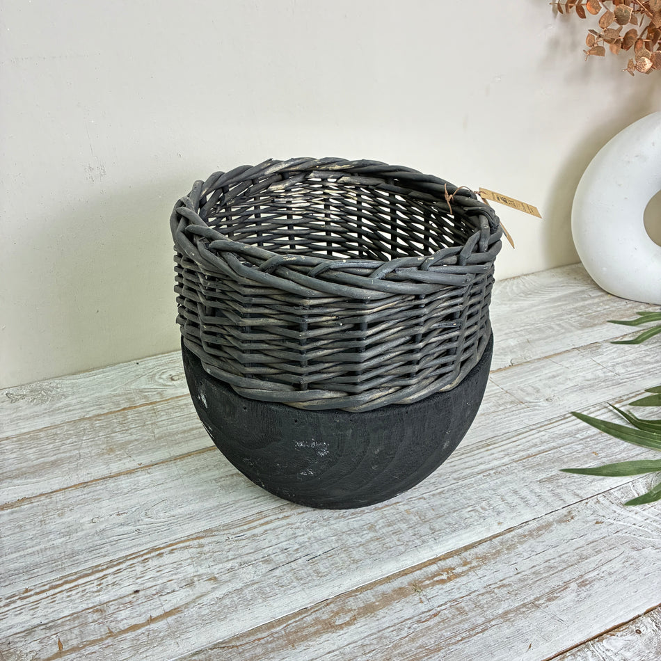 Blumentopf Übertopf 27cm Vase Anthrazit Holz Pflanztopf Korb