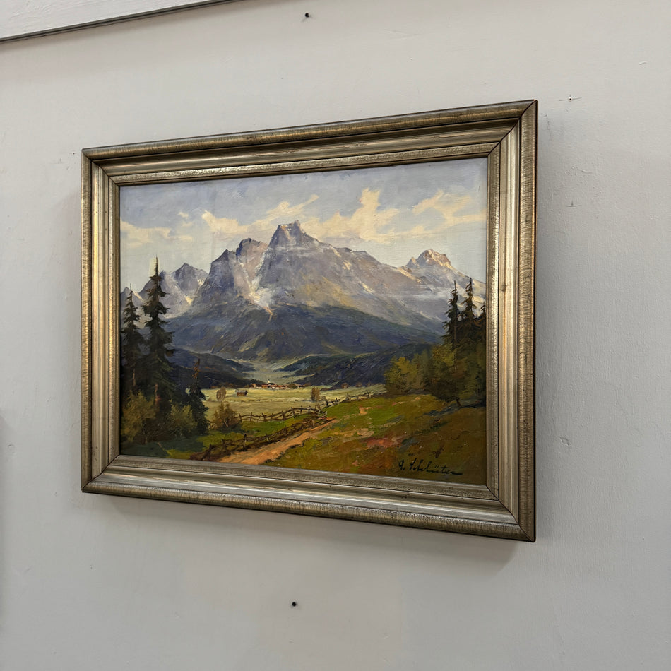 Adolf Schlüter Ölgemälde Gebirgslandschaft Alpen Rahmen Leinwand Vintage
