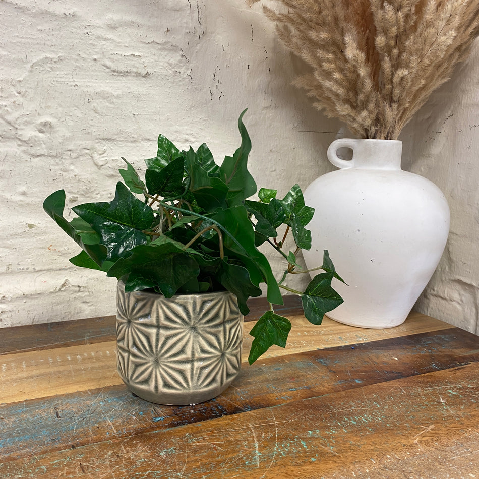 Blumentopf grau grün Keramik Deko 11cm mit Muster