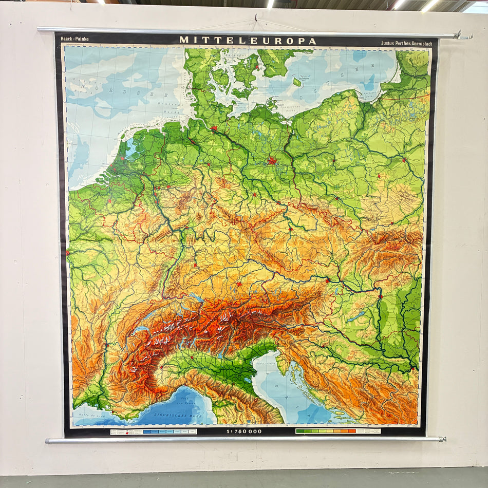 Vintage School Map – Central Europe – History Geography Teaching Chart Haack Painke Roll Map Used