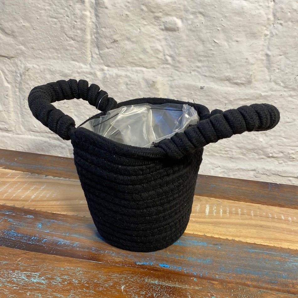 Korb Übertopf schwarz Baumwolle mit Henkel 18 cm