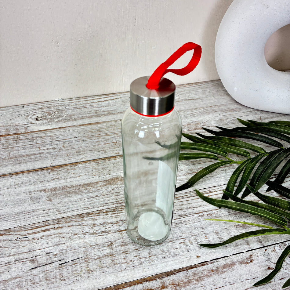 Trinkflasche 500ml Glas Transparent Rotes Band Metalldeckel Wasserflasche