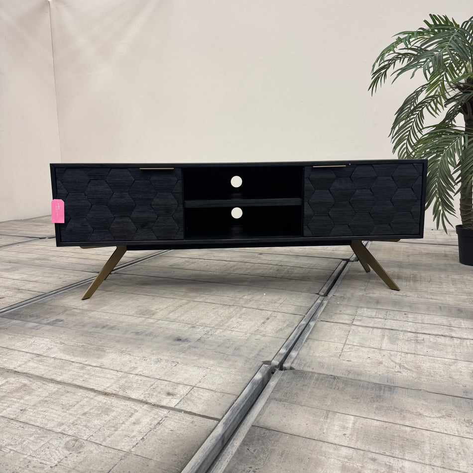 Why Not? TV Schrank Massivholz Schwarz Wabenmuster Gold Metall Kommode