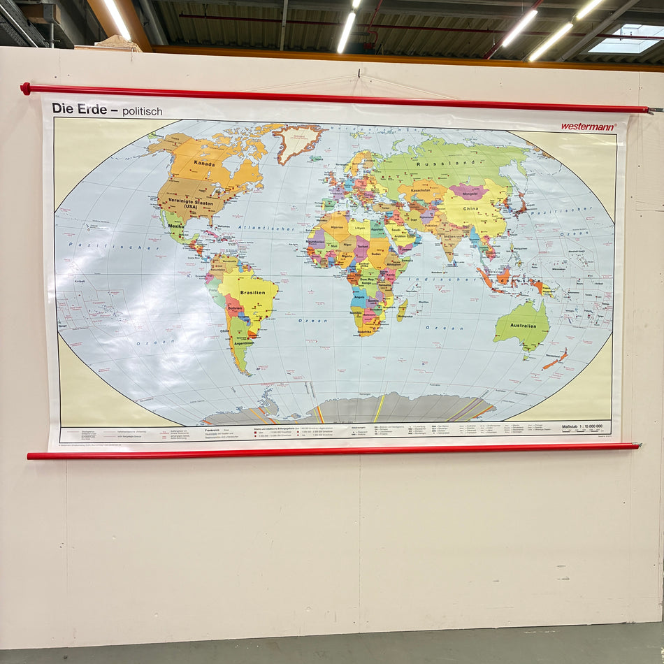 Vintage school map – political map of the world – geography teaching chart, Westermann wall map, used