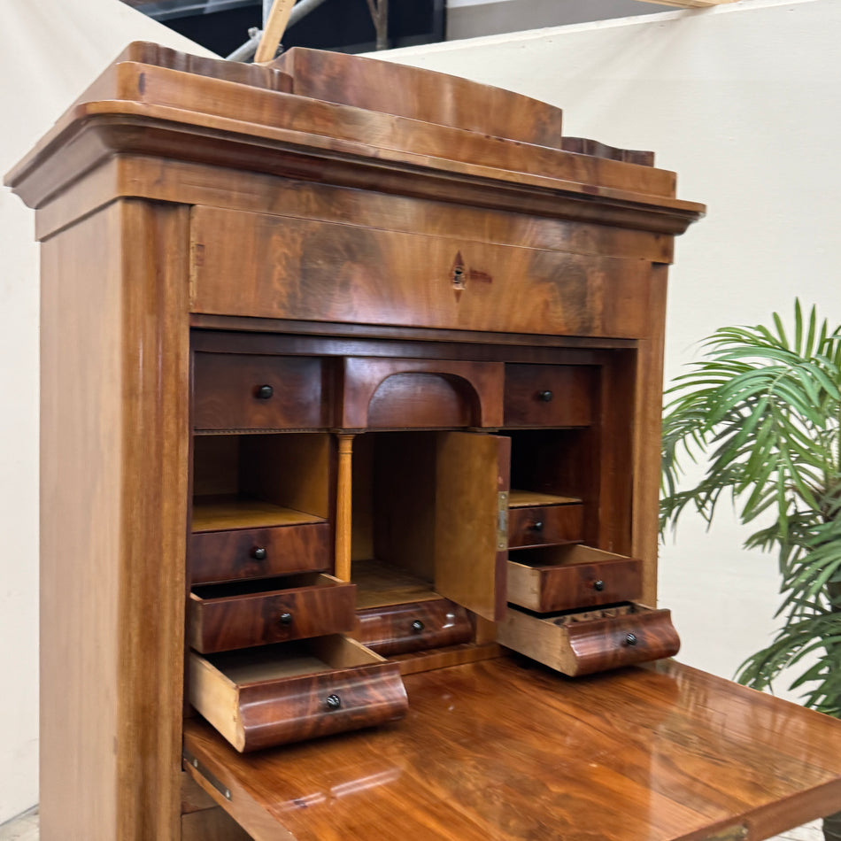 Biedermeier Mahogany Writing Bureau with Gallery and Drop-Front, circa 1830–1840, Vintage