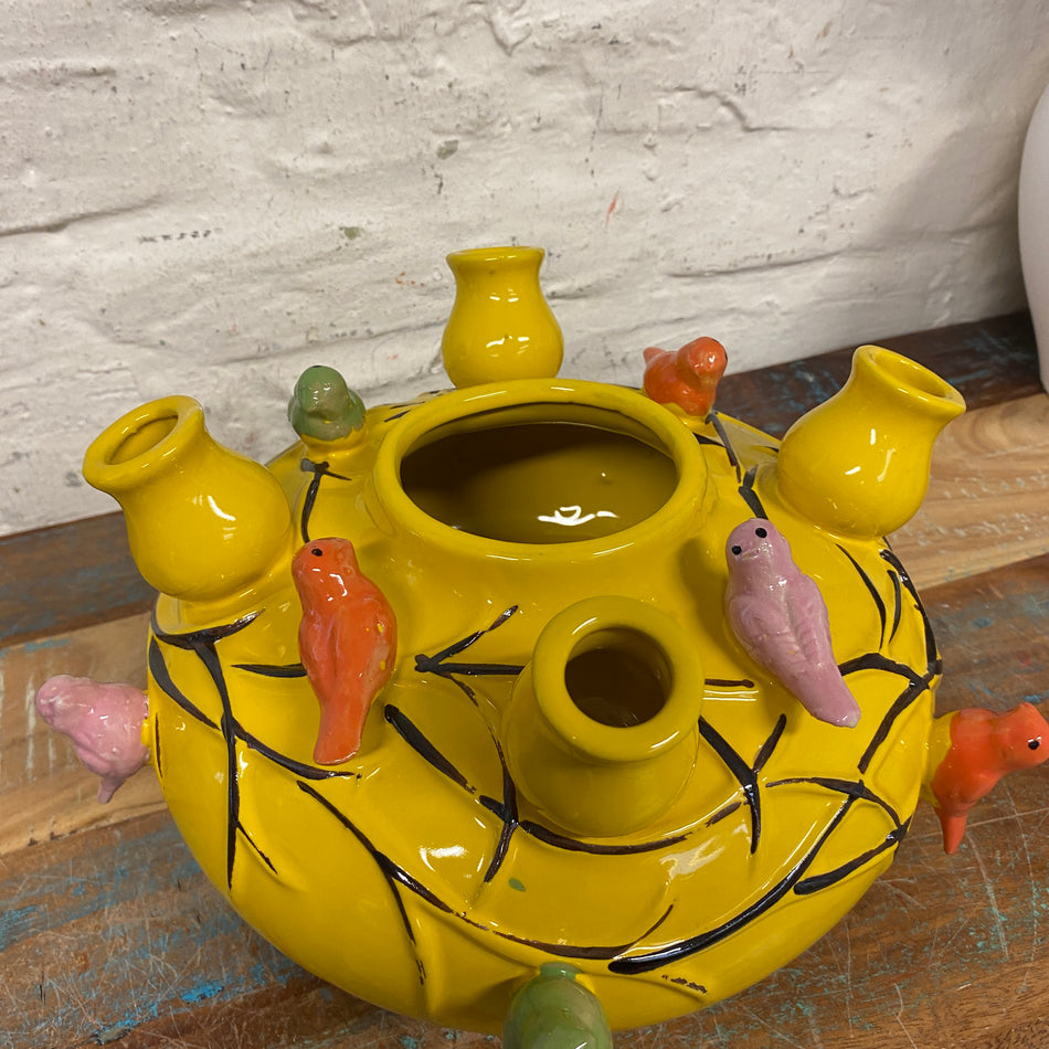 Vase gelb bunt Keramik Vogel Blumenvase 16cm Deko