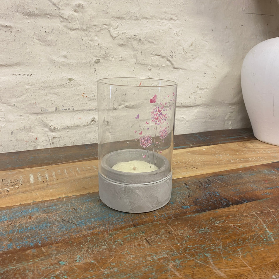 Teelichthalter pink grau Glas 13cm Zement Pustblume Deko