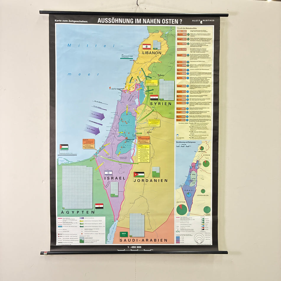 Vintage School Map – Reconciliation in the Middle East? – Political Geography Teaching Chart Velcro Perthes Roll-up Used