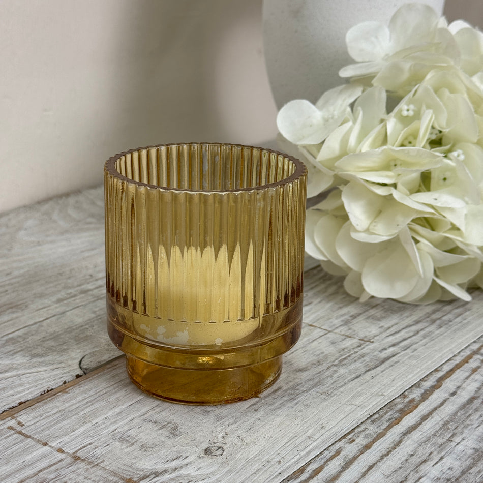 Teelichthalter Windlicht Glas Bernstein Gold Rillenoptik Gebraucht