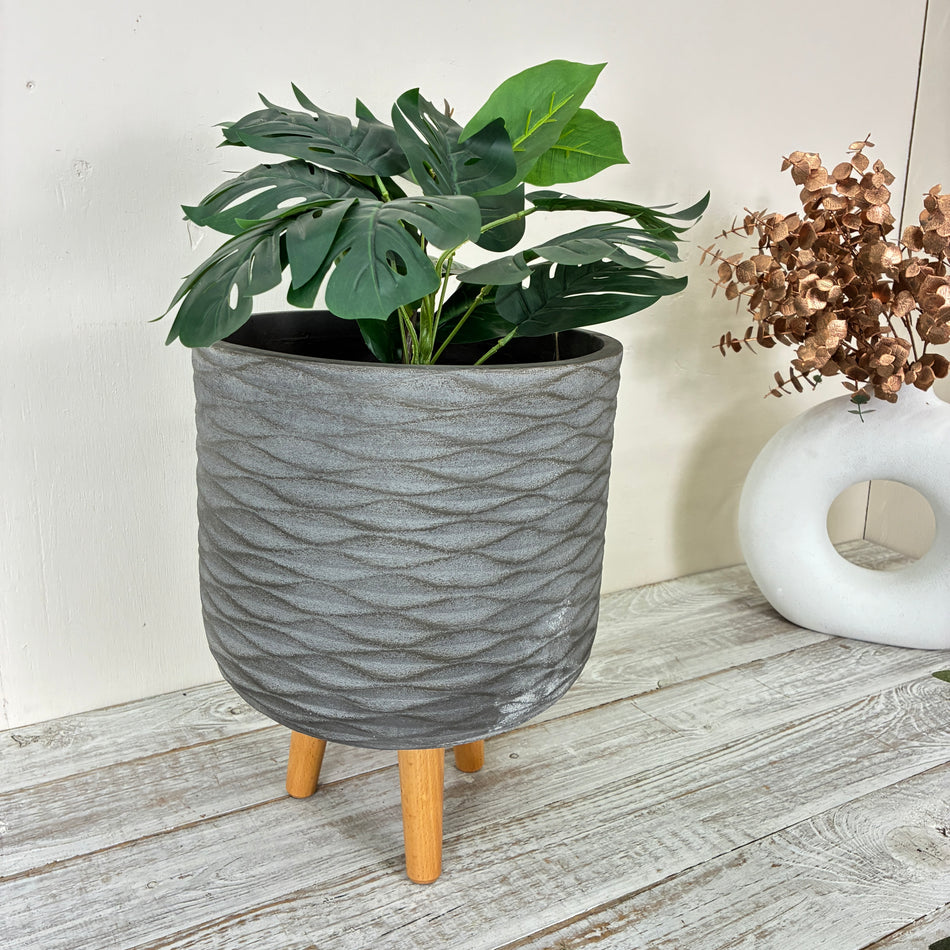 Decoris Blumentopf Groß 38cm Grau Keramik Holz Übertopf Deko