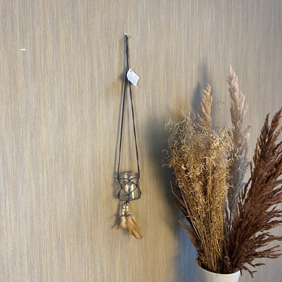 Teelichthalter Lederanhänger Boho 60cm grau Deko
