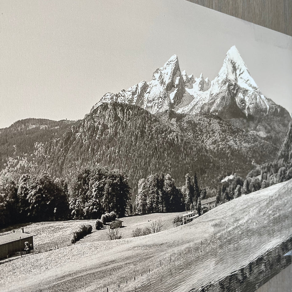 Wandbild gebraucht Sepia schwarz weiß Leinwand Fotodruck 150x50 Alpenlandschaft Bild