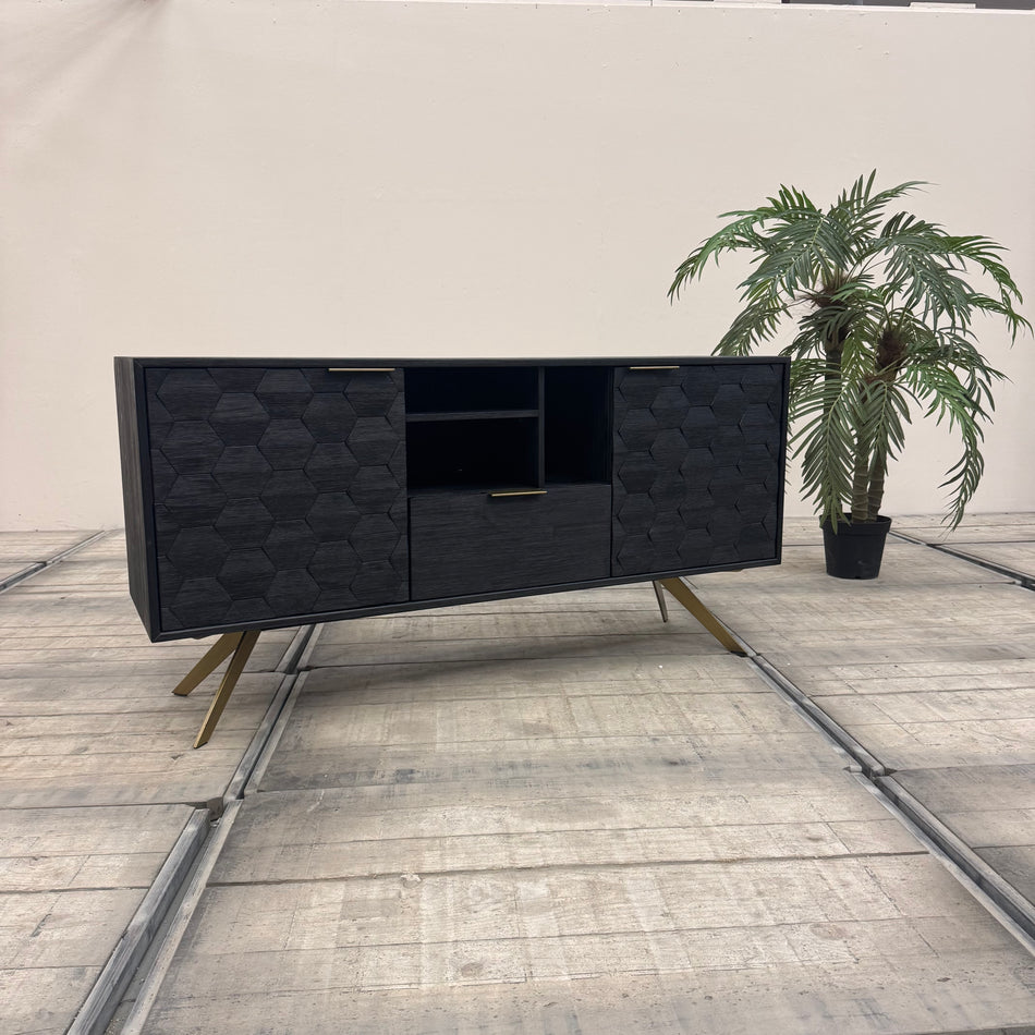 Why Not? Sideboard Massivholz Schwarz Wabenmuster Gold Metall