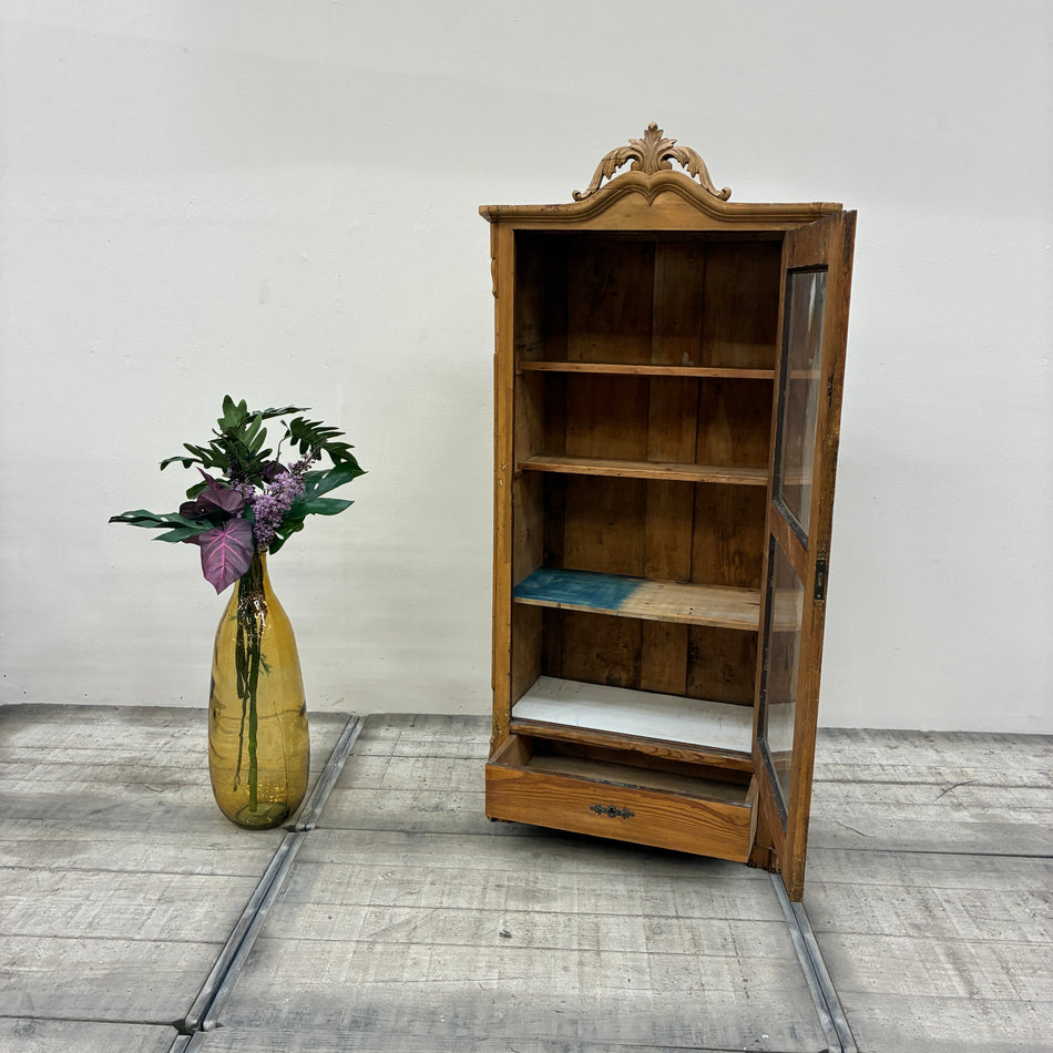 Antique pine display cabinet with glazed door and drawer, 19th century, vintage