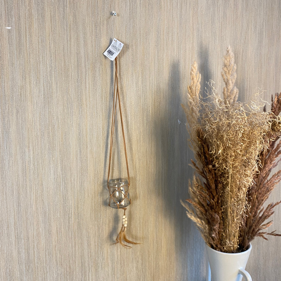 Teelichthalter Lederanhänger Boho 60cm hellbraun Deko